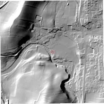 Shaded relief map of the ground around LA77AE, computed from Environment Agency LiDAR. The ground here sits at about 7 m above sea level and falls 41 m across the surrounding 800 m. Surface water reaching this point runs off ground lying to the south, 41.1 m higher.