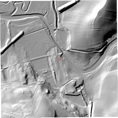 Shaded relief map of the ground around LA77AF, computed from Environment Agency LiDAR. The ground here sits at about 9 m above sea level and falls 56 m across the surrounding 800 m. Surface water reaching this point runs off ground lying to the south-south-east, 4.5 m higher.