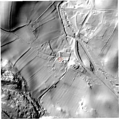 Shaded relief map of the ground around LA77AL, computed from Environment Agency LiDAR. The ground here sits at about 25 m above sea level and falls 78 m across the surrounding 800 m. Surface water reaching this point runs off ground lying to the west-south-west, 44.2 m higher.