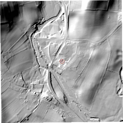 Shaded relief map of the ground around LA77AP, computed from Environment Agency LiDAR. The ground here sits at about 24 m above sea level and falls 44 m across the surrounding 800 m. Surface water reaching this point runs off ground lying to the south-east, 3.9 m higher.