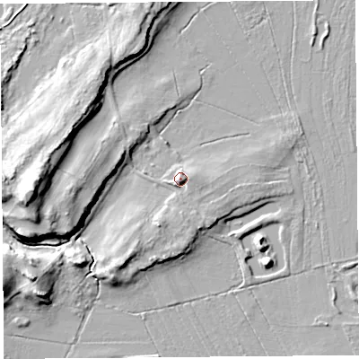 Shaded relief map of the ground around LA77BP, computed from Environment Agency LiDAR. The ground here sits at about 28 m above sea level and falls 17 m across the surrounding 800 m. Surface water reaching this point runs off ground lying to the east-south-east, 2.1 m higher.