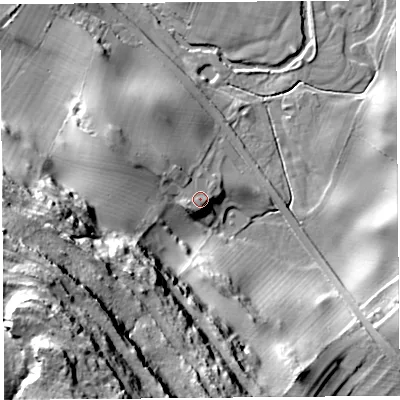 Shaded relief map of the ground around LA77BQ, computed from Environment Agency LiDAR. The ground here sits at about 29 m above sea level and falls 50 m across the surrounding 800 m. Surface water reaching this point runs off ground lying to the south-west, 2.3 m higher.