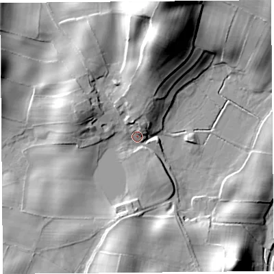 Shaded relief map of the ground around LA77DN, computed from Environment Agency LiDAR. The ground here sits at about 30 m above sea level and falls 32 m across the surrounding 800 m. Surface water reaching this point runs off ground lying to the north, 26.1 m higher.