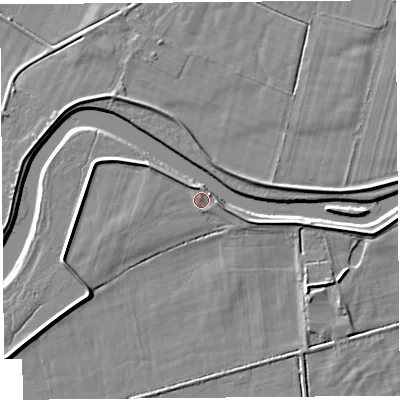 Shaded relief map of the ground around LA77EZ, computed from Environment Agency LiDAR. The ground here sits at about 7 m above sea level and falls 5 m across the surrounding 800 m. Surface water reaching this point runs off ground lying to the north-west, 2.1 m higher.