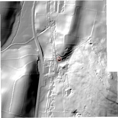 Shaded relief map of the ground around LA77FG, computed from Environment Agency LiDAR. The ground here sits at about 35 m above sea level and falls 114 m across the surrounding 800 m. Surface water reaching this point runs off ground lying to the east-south-east, 88.4 m higher.