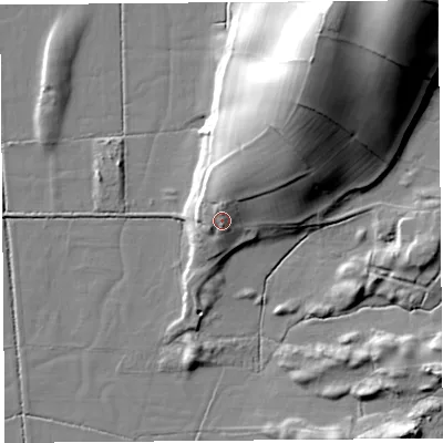 Shaded relief map of the ground around LA77FH, computed from Environment Agency LiDAR. The ground here sits at about 14 m above sea level and falls 37 m across the surrounding 800 m. Surface water reaching this point runs off ground lying to the north, 3.6 m higher.
