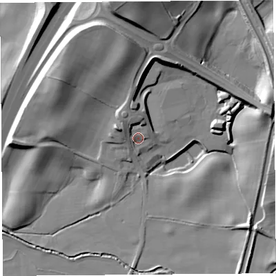 Shaded relief map of the ground around LA77FP, computed from Environment Agency LiDAR. The ground here sits at about 41 m above sea level and falls 25 m across the surrounding 800 m. Surface water reaching this point runs off ground lying to the north-north-west, 6.0 m higher.