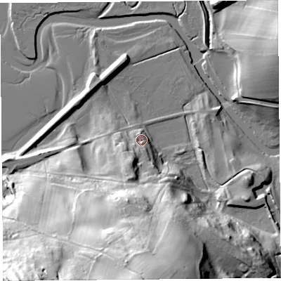 Shaded relief map of the ground around LA77HH, computed from Environment Agency LiDAR. The ground here sits at about 11 m above sea level and falls 70 m across the surrounding 800 m. Surface water reaching this point runs off ground lying to the south-south-west, 9.0 m higher.