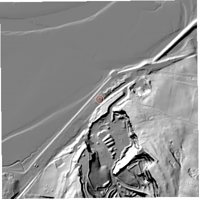 Shaded relief map of the ground around LA77HN, computed from Environment Agency LiDAR. The ground here sits at about 8 m above sea level and falls 103 m across the surrounding 800 m. Surface water reaching this point runs off ground lying to the south-east, 90.6 m higher.