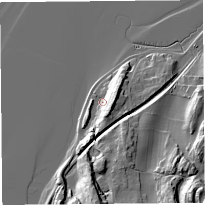Shaded relief map of the ground around LA77HP, computed from Environment Agency LiDAR. The ground here sits at about 9 m above sea level and falls 40 m across the surrounding 800 m. Surface water reaching this point runs off ground lying to the east, 19.9 m higher.
