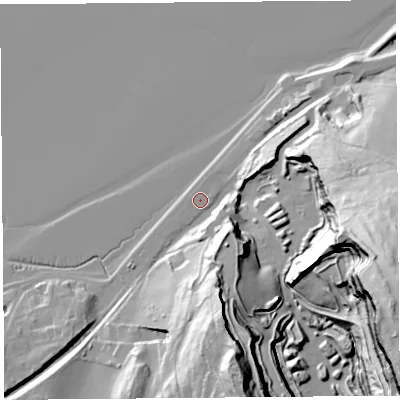 Shaded relief map of the ground around LA77HW, computed from Environment Agency LiDAR. The ground here sits at about 7 m above sea level and falls 95 m across the surrounding 800 m. Surface water reaching this point runs off ground lying to the east-south-east, 75.0 m higher.