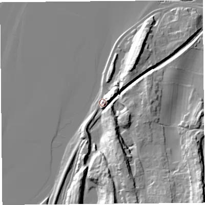 Shaded relief map of the ground around LA77HX, computed from Environment Agency LiDAR. The ground here sits at about 11 m above sea level and falls 43 m across the surrounding 800 m. Surface water reaching this point runs off ground lying to the south-south-east, 26.9 m higher.