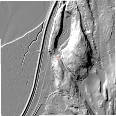 Shaded relief map of the ground around LA77JU, computed from Environment Agency LiDAR. The ground here sits at about 19 m above sea level and falls 47 m across the surrounding 800 m. Surface water reaching this point runs off ground lying to the south-east, 24.5 m higher.