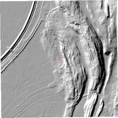 Shaded relief map of the ground around LA77LB, computed from Environment Agency LiDAR. The ground here sits at about 9 m above sea level and falls 41 m across the surrounding 800 m. Surface water reaching this point runs off ground lying to the south-east, 10.4 m higher.