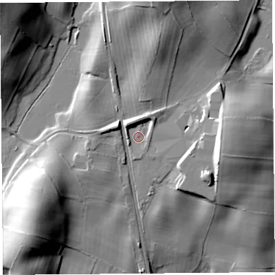 Shaded relief map of the ground around LA77LR, computed from Environment Agency LiDAR. The ground here sits at about 35 m above sea level and falls 36 m across the surrounding 800 m. Surface water reaching this point runs off ground lying to the south-west, 3.8 m higher.