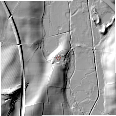 Shaded relief map of the ground around LA77NG, computed from Environment Agency LiDAR. The ground here sits at about 39 m above sea level and falls 47 m across the surrounding 800 m. Surface water reaching this point runs off ground lying to the south, 5.6 m higher.