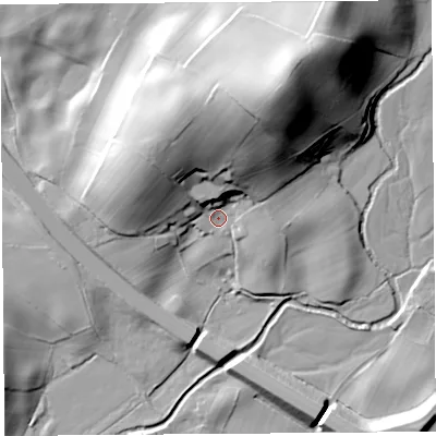 Shaded relief map of the ground around LA77NL, computed from Environment Agency LiDAR. The ground here sits at about 38 m above sea level and falls 51 m across the surrounding 800 m. Surface water reaching this point runs off ground lying to the north-north-east, 42.7 m higher.