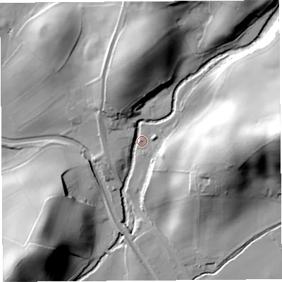 Shaded relief map of the ground around LA77NN, computed from Environment Agency LiDAR. The ground here sits at about 44 m above sea level and falls 52 m across the surrounding 800 m. Surface water reaching this point runs off ground lying to the east, 50.2 m higher.