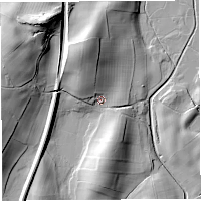 Shaded relief map of the ground around LA77NQ, computed from Environment Agency LiDAR. The ground here sits at about 39 m above sea level and falls 48 m across the surrounding 800 m. Surface water reaching this point runs off ground lying to the north-west, 13.4 m higher.