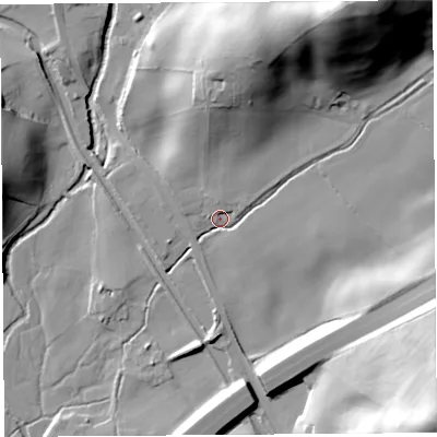 Shaded relief map of the ground around LA77NR, computed from Environment Agency LiDAR. The ground here sits at about 46 m above sea level and falls 58 m across the surrounding 800 m. Surface water reaching this point runs off ground lying to the north-east, 49.8 m higher.