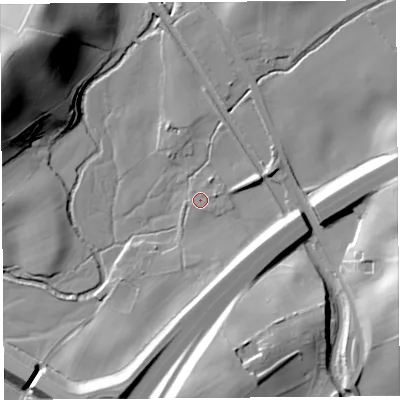 Shaded relief map of the ground around LA77NS, computed from Environment Agency LiDAR. The ground here sits at about 41 m above sea level and falls 48 m across the surrounding 800 m. Surface water reaching this point runs off ground lying to the east-north-east, 3.3 m higher.