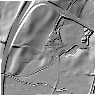 Shaded relief map of the ground around LA77NU, computed from Environment Agency LiDAR. The ground here sits at about 40 m above sea level and falls 24 m across the surrounding 800 m. Surface water reaching this point runs off ground lying to the north-north-east, 6.6 m higher.