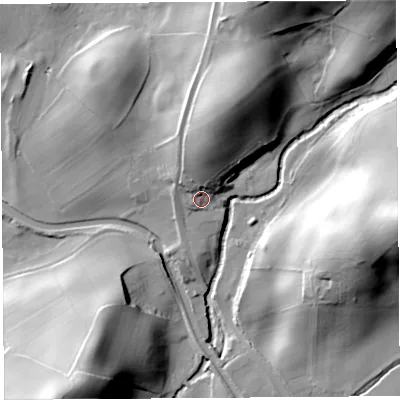 Shaded relief map of the ground around LA77NW, computed from Environment Agency LiDAR. The ground here sits at about 49 m above sea level and falls 43 m across the surrounding 800 m. Surface water reaching this point runs off ground lying to the north, 16.6 m higher.