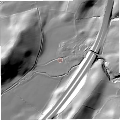 Shaded relief map of the ground around LA77NY, computed from Environment Agency LiDAR. The ground here sits at about 62 m above sea level and falls 62 m across the surrounding 800 m. Surface water reaching this point runs off ground lying to the east, 22.0 m higher.