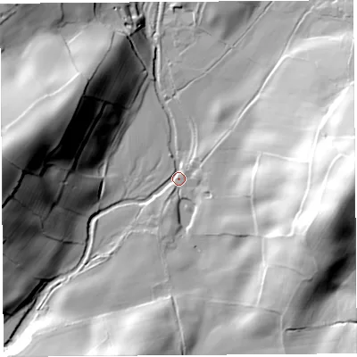 Shaded relief map of the ground around LA77NZ, computed from Environment Agency LiDAR. The ground here sits at about 56 m above sea level and falls 68 m across the surrounding 800 m. Surface water reaching this point runs off ground lying to the east, 61.1 m higher.