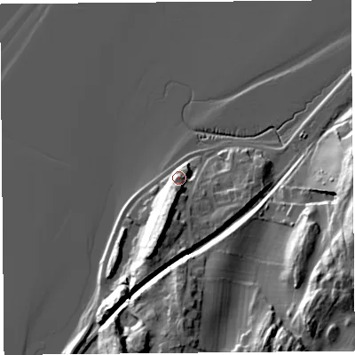 Shaded relief map of the ground around LA77PH, computed from Environment Agency LiDAR. The ground here sits at about 14 m above sea level and falls 31 m across the surrounding 800 m. Surface water reaching this point runs off ground lying to the south-south-west, 10.5 m higher.