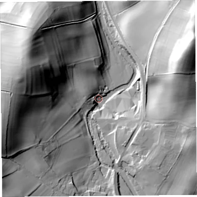 Shaded relief map of the ground around LA77PQ, computed from Environment Agency LiDAR. The ground here sits at about 15 m above sea level and falls 49 m across the surrounding 800 m. Surface water reaching this point runs off ground lying to the west-north-west, 47.6 m higher.