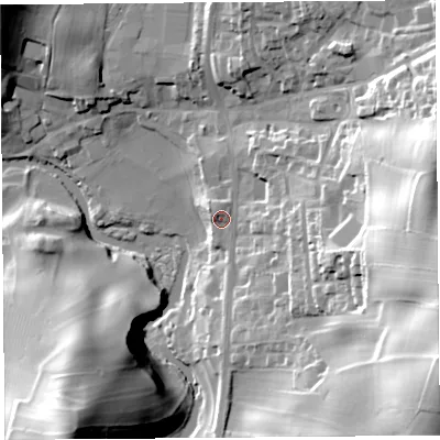 Shaded relief map of the ground around LA77QR, computed from Environment Agency LiDAR. The ground here sits at about 15 m above sea level and falls 52 m across the surrounding 800 m. Surface water reaching this point runs off ground lying to the north-west, 1.8 m higher.