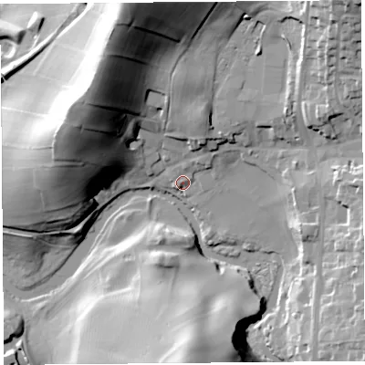 Shaded relief map of the ground around LA77RE, computed from Environment Agency LiDAR. The ground here sits at about 9 m above sea level and falls 38 m across the surrounding 800 m. Surface water reaching this point runs off ground lying to the north-east, 4.3 m higher.