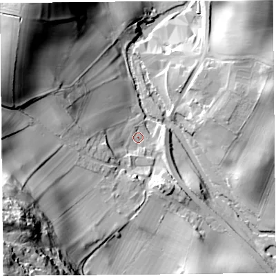 Shaded relief map of the ground around LA77RJ, computed from Environment Agency LiDAR. The ground here sits at about 21 m above sea level and falls 67 m across the surrounding 800 m. Surface water reaching this point runs off ground lying to the west-south-west, 40.1 m higher.