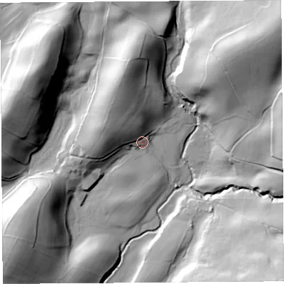 Shaded relief map of the ground around LA80AT, computed from Environment Agency LiDAR. The ground here sits at about 131 m above sea level and falls 62 m across the surrounding 800 m. Surface water reaching this point runs off ground lying to the north-north-west, 27.5 m higher.