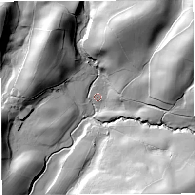 Shaded relief map of the ground around LA80BD, computed from Environment Agency LiDAR. The ground here sits at about 127 m above sea level and falls 72 m across the surrounding 800 m. Surface water reaching this point runs off ground lying to the east-north-east, 60.8 m higher.