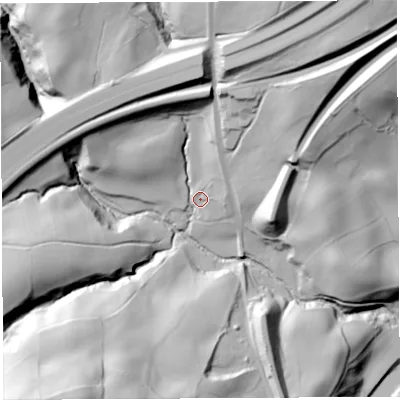 Shaded relief map of the ground around LA80BL, computed from Environment Agency LiDAR. The ground here sits at about 146 m above sea level and falls 79 m across the surrounding 800 m. Surface water reaching this point runs off ground lying to the north-west, 33.1 m higher.