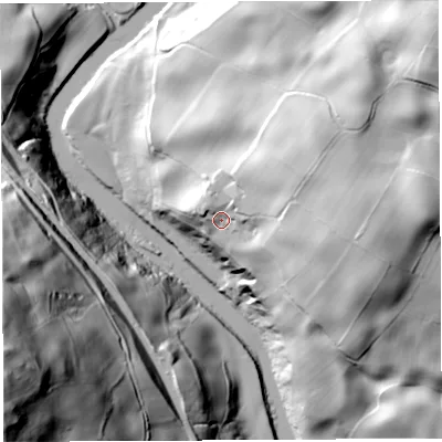 Shaded relief map of the ground around LA80BP, computed from Environment Agency LiDAR. The ground here sits at about 146 m above sea level and falls 124 m across the surrounding 800 m. Surface water reaching this point runs off ground lying to the east-north-east, 27.5 m higher.