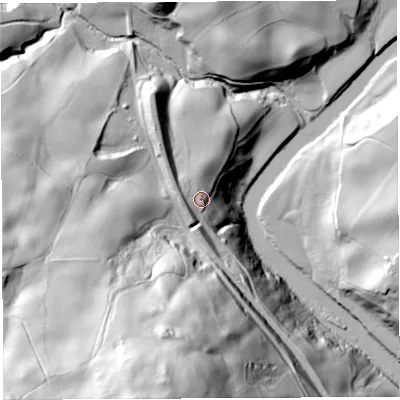 Shaded relief map of the ground around LA80BW, computed from Environment Agency LiDAR. The ground here sits at about 157 m above sea level and falls 133 m across the surrounding 800 m. Surface water reaching this point runs off ground lying to the west-south-west, 6.4 m higher.