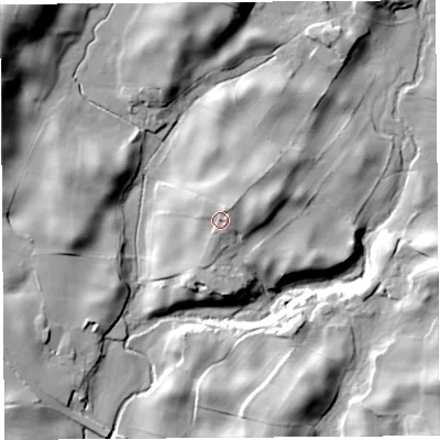 Shaded relief map of the ground around LA80DU, computed from Environment Agency LiDAR. The ground here sits at about 80 m above sea level and falls 33 m across the surrounding 800 m. Surface water reaching this point runs off ground lying to the north-north-east, 3.7 m higher.
