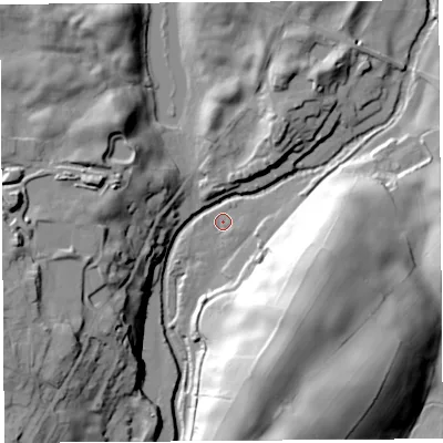Shaded relief map of the ground around LA80HJ, computed from Environment Agency LiDAR. The ground here sits at about 66 m above sea level and falls 44 m across the surrounding 800 m. Surface water reaching this point runs off ground lying to the east-south-east, 1.7 m higher.