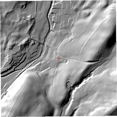Shaded relief map of the ground around LA80HW, computed from Environment Agency LiDAR. The ground here sits at about 82 m above sea level and falls 79 m across the surrounding 800 m. Surface water reaching this point runs off ground lying to the east, 32.7 m higher.