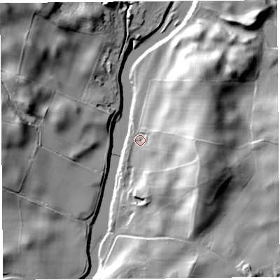Shaded relief map of the ground around LA80JZ, computed from Environment Agency LiDAR. The ground here sits at about 24 m above sea level and falls 37 m across the surrounding 800 m. Surface water reaching this point runs off ground lying to the east, 27.0 m higher.