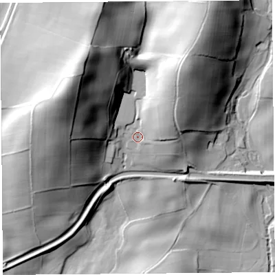 Shaded relief map of the ground around LA80LE, computed from Environment Agency LiDAR. The ground here sits at about 48 m above sea level and falls 55 m across the surrounding 800 m. Surface water reaching this point runs off ground lying to the north-east, 19.1 m higher.