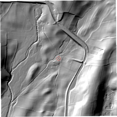 Shaded relief map of the ground around LA80LF, computed from Environment Agency LiDAR. The ground here sits at about 37 m above sea level and falls 45 m across the surrounding 800 m. Surface water reaching this point runs off ground lying to the east, 12.0 m higher.