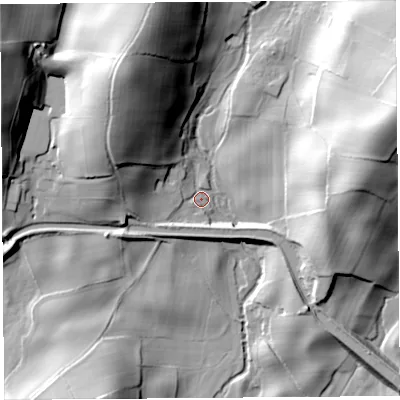 Shaded relief map of the ground around LA80LG, computed from Environment Agency LiDAR. The ground here sits at about 40 m above sea level and falls 45 m across the surrounding 800 m. Surface water reaching this point runs off ground lying to the east-north-east, 40.8 m higher.