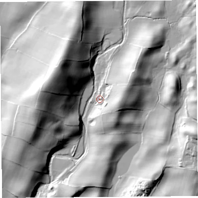 Shaded relief map of the ground around LA80LH, computed from Environment Agency LiDAR. The ground here sits at about 55 m above sea level and falls 45 m across the surrounding 800 m. Surface water reaching this point runs off ground lying to the east, 17.8 m higher.