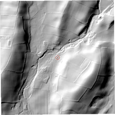 Shaded relief map of the ground around LA80LQ, computed from Environment Agency LiDAR. The ground here sits at about 46 m above sea level and falls 44 m across the surrounding 800 m. Surface water reaching this point runs off ground lying to the south-east, 36.8 m higher.