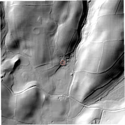 Shaded relief map of the ground around LA80LT, computed from Environment Agency LiDAR. The ground here sits at about 104 m above sea level and falls 56 m across the surrounding 800 m. Surface water reaching this point runs off ground lying to the north, 23.4 m higher.