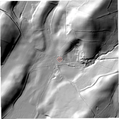 Shaded relief map of the ground around LA80LY, computed from Environment Agency LiDAR. The ground here sits at about 100 m above sea level and falls 59 m across the surrounding 800 m. Surface water reaching this point runs off ground lying to the north-north-east, 4.0 m higher.